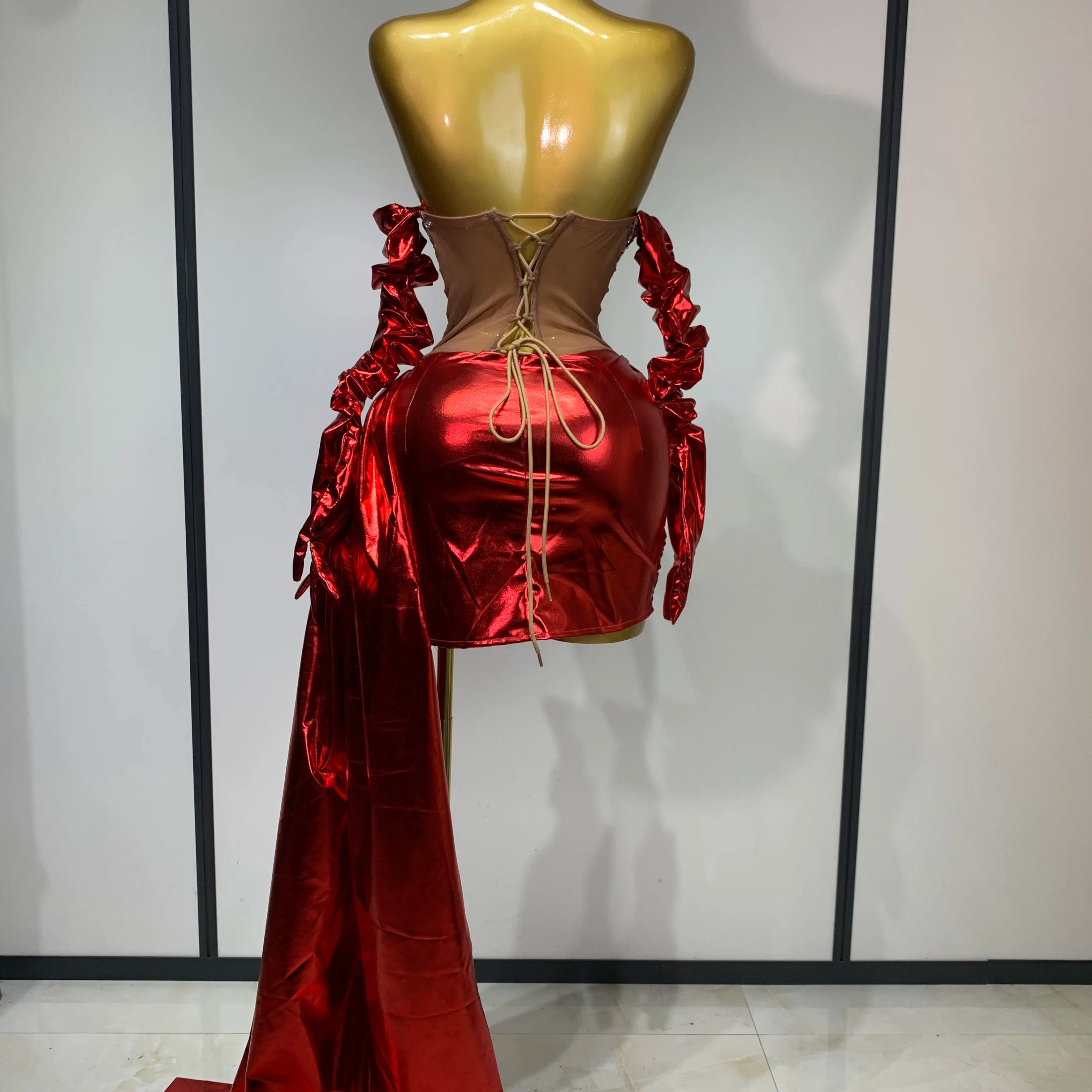 Sparkly Diamonds Sexy Mesh See Through Mini Dress Glove Women Celebrate Party Luxury Birthday Nightclub Perform Stage Outfit