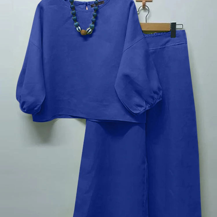 Summer Matching Sets 2PCS Women Urban Tracksuits 3/4 Sleeve O Neck Blouse & Wide Leg Pant Sets Holiday Suit Outfits