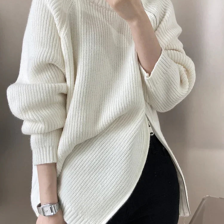 2023 Winter Women's Turtleneck Zipper Oversize Fashion Sweaters Autumn New Knitwears Loose Thick Warm High Neck Solid Pullovers White MY38