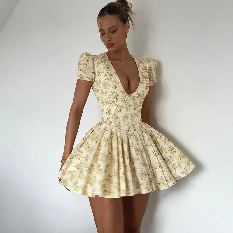 TARUXY Sexy Deep V Neck Women's Dresses Summer Fashion A-line Dress Female High Waist Pleated Printed Beach Party Dresses