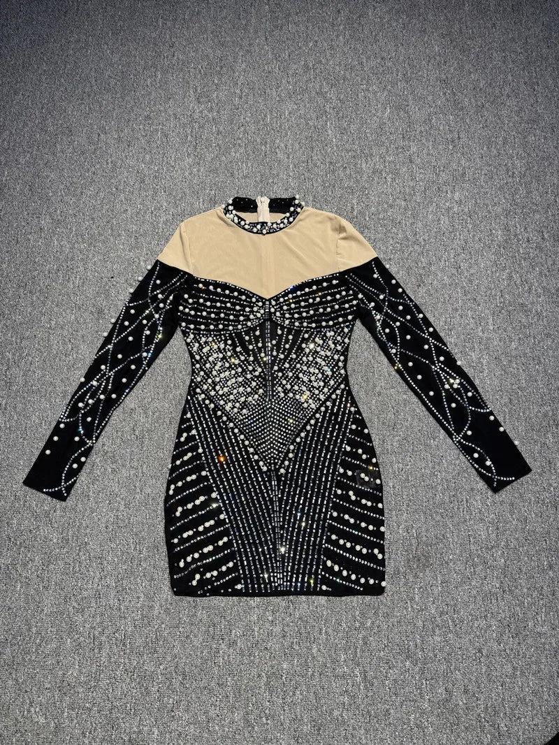Elegant Evening Party Club Outfit Vestido Women Celebrity Sexy Long Sleeve Turtleneck Mini Rhinestone Diamonds Gowns Dress