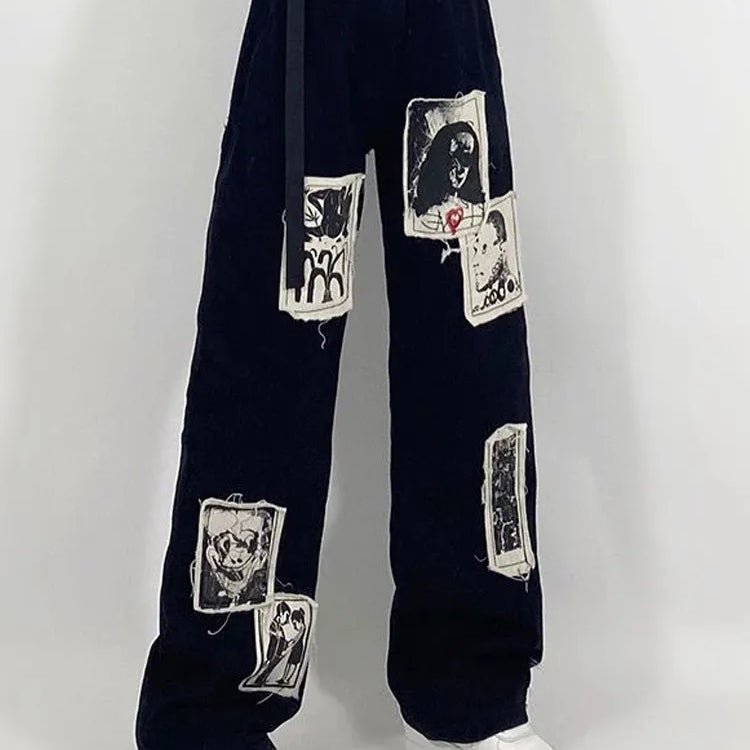 Grunge Punk Patchwork Black Jeans Women Hip Hop Streetwear Print Oversize Wide Leg Trousers 90s Vintage Fashion Pants