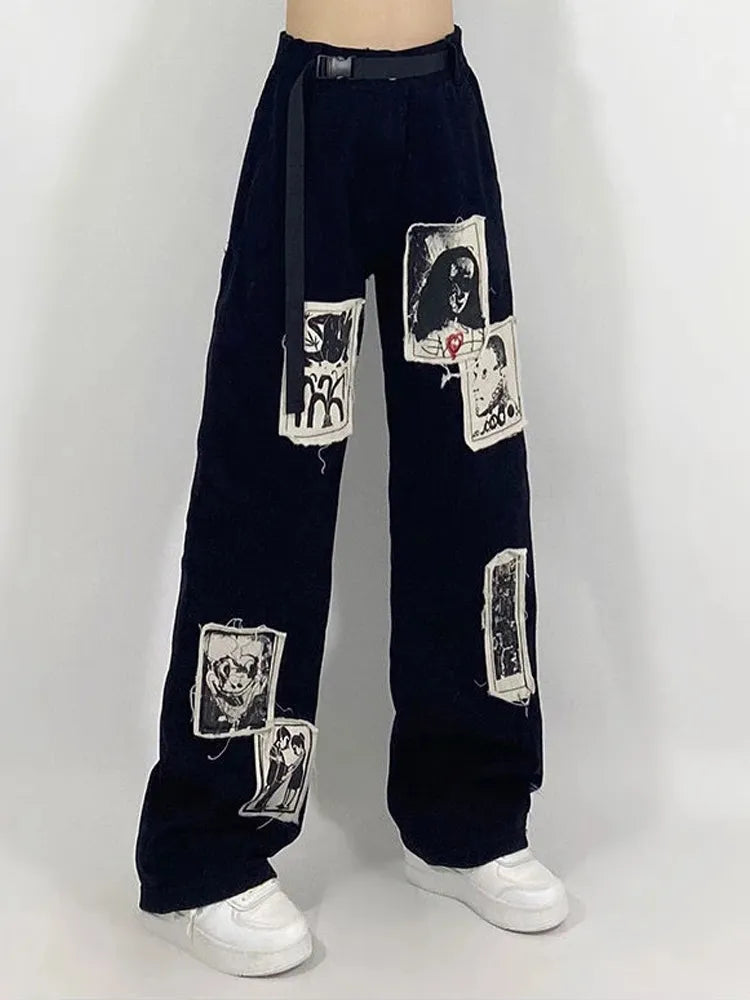 Grunge Punk Patchwork Black Jeans Women Hip Hop Streetwear Print Oversize Wide Leg Trousers 90s Vintage Fashion Pants