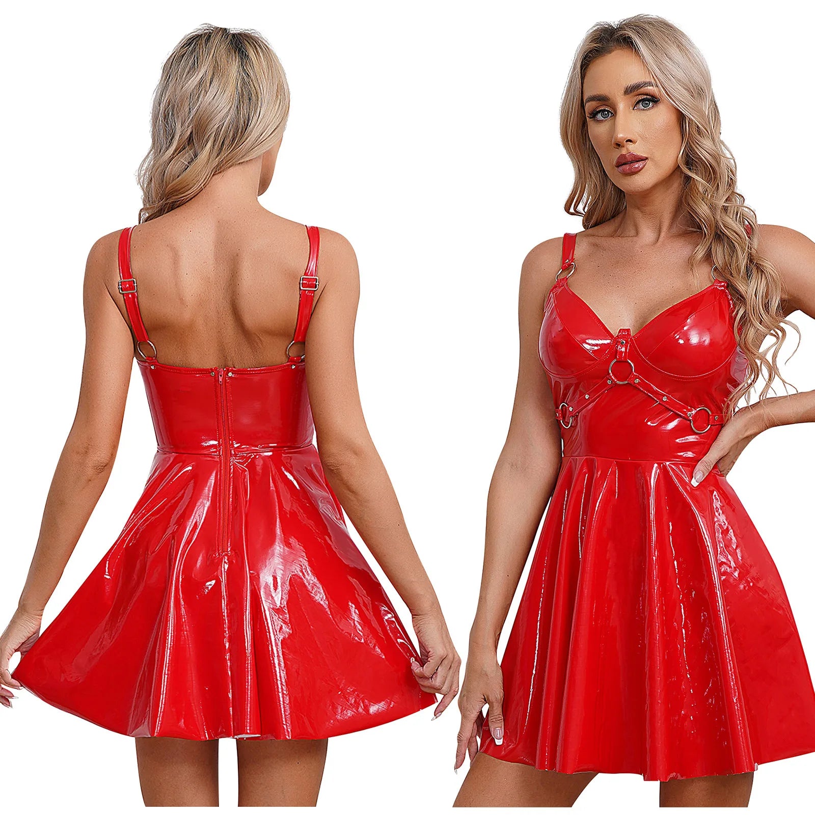 Womens Patent Leather Slip Dress Wet Look O-Ring Rivets Strappy A-Line Mini Dress Clubwear Gothic Punk Rave Dance Party Dresses Red