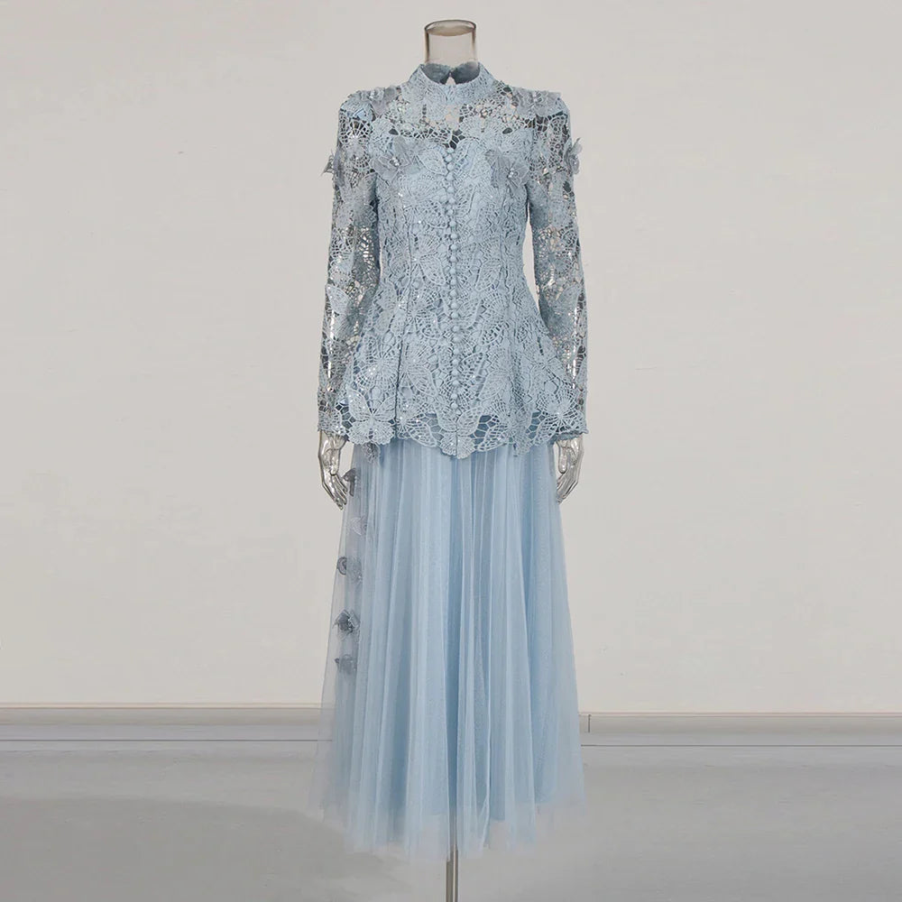 Solid Two Piece Sets for Women Stand Collar Long Sleeve Spliced Applique Top High Wasit Patchwork Mesh Skirt Female