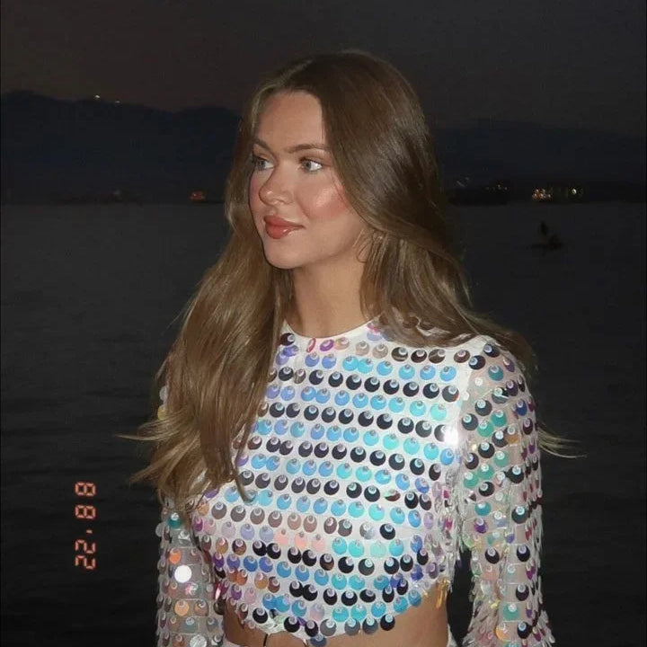 Spring Summer New Dress Women's Fashion Solid Color Sequined Flare Sleeve Dress Women's Sexy O-Neck Irregular Mini Dress Silver