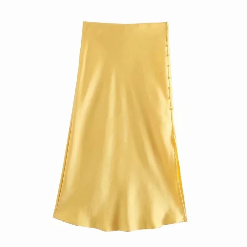 Foridol High Waist Button Slit Midi Satin Skirts Womens Autumn A-line Silk Elegant Skirt Bottoms Office Skirt Faldas Mujer Yellow