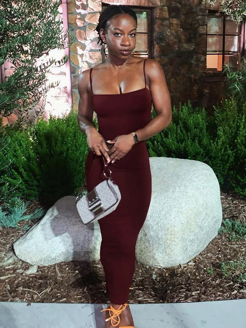 Women Casual Summer Spaghetti Strap Bodycon Dress Fashion Solid Color Sleeveless Backless Slim Fit Sling Long Dress Brown
