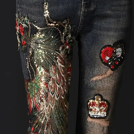 Spring Jeans Women Autumn Winter Ins Fashion Female Embroidery Sequins Phoenix Holes Slim Denim Pants Girls Ladies Clothes