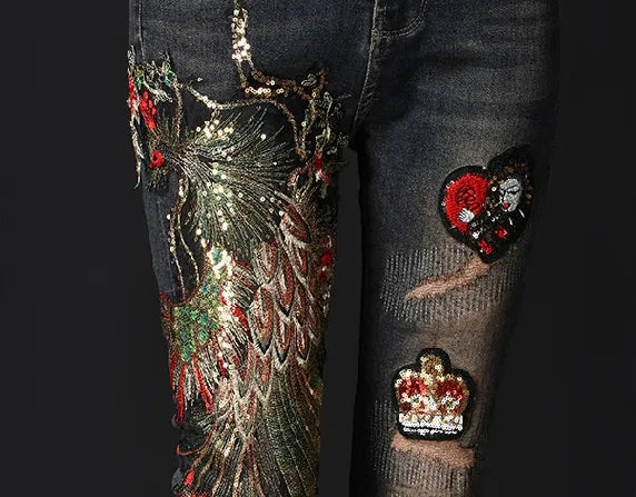 Spring Jeans Women Autumn Winter Ins Fashion Female Embroidery Sequins Phoenix Holes Slim Denim Pants Girls Ladies Clothes