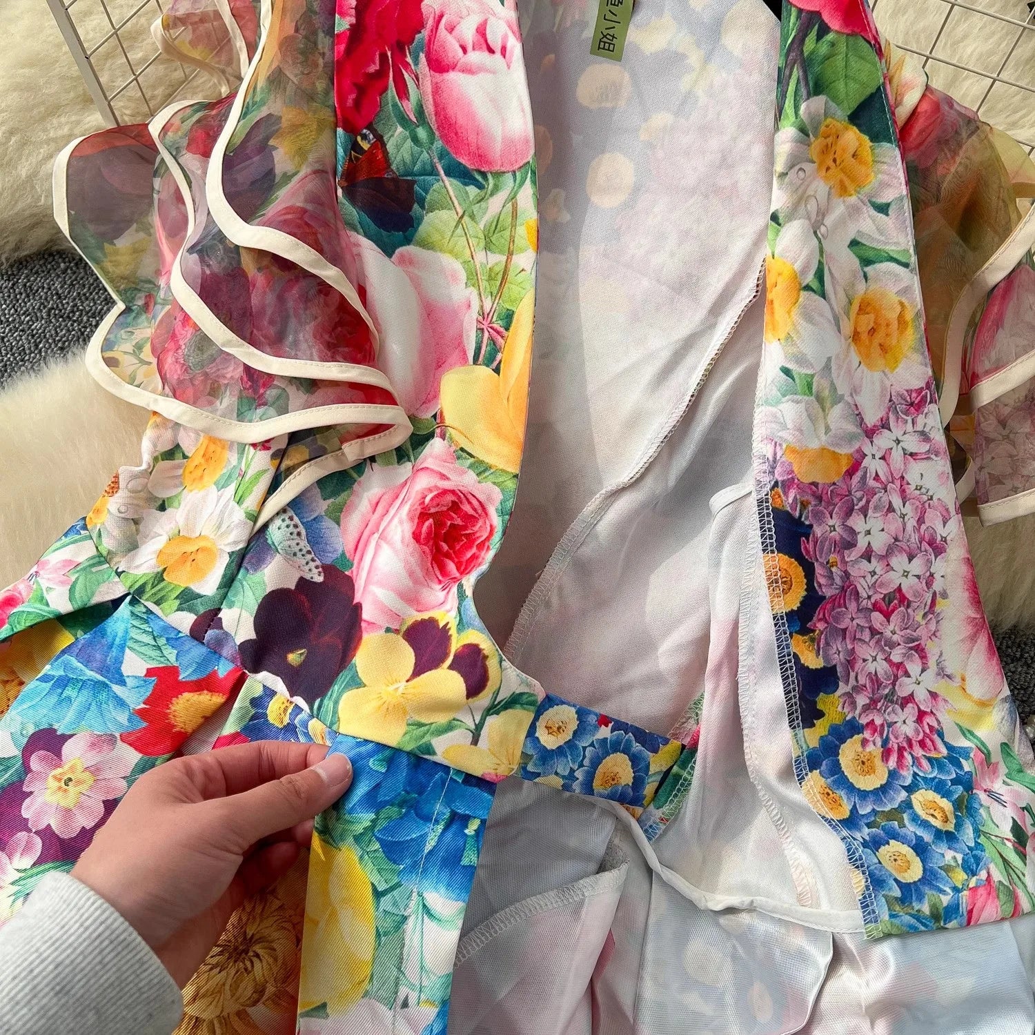 Vestido longo de verão boêmio, lindo, com flores, decote em V, manga de malha, estampa floral, bandagem, renda, robe, roupas