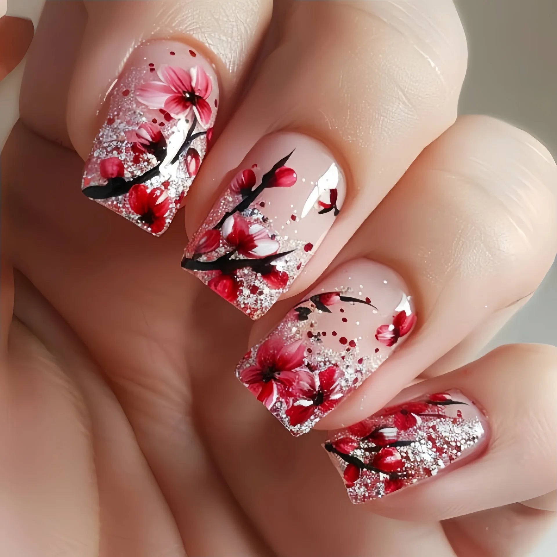 Mid-length Fake Nails Ballet Press on Nails Full Cover Plant Flower Glitter Nail Set Tip Art Wearable Year False Nails 24Pcs