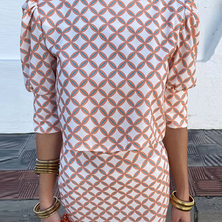 Women Plaid Printed Split Back Midi Skirt Set Fashion O-neck Long Sleeve Cropped Top Suit Lady Elegant Office Outfits Yellow