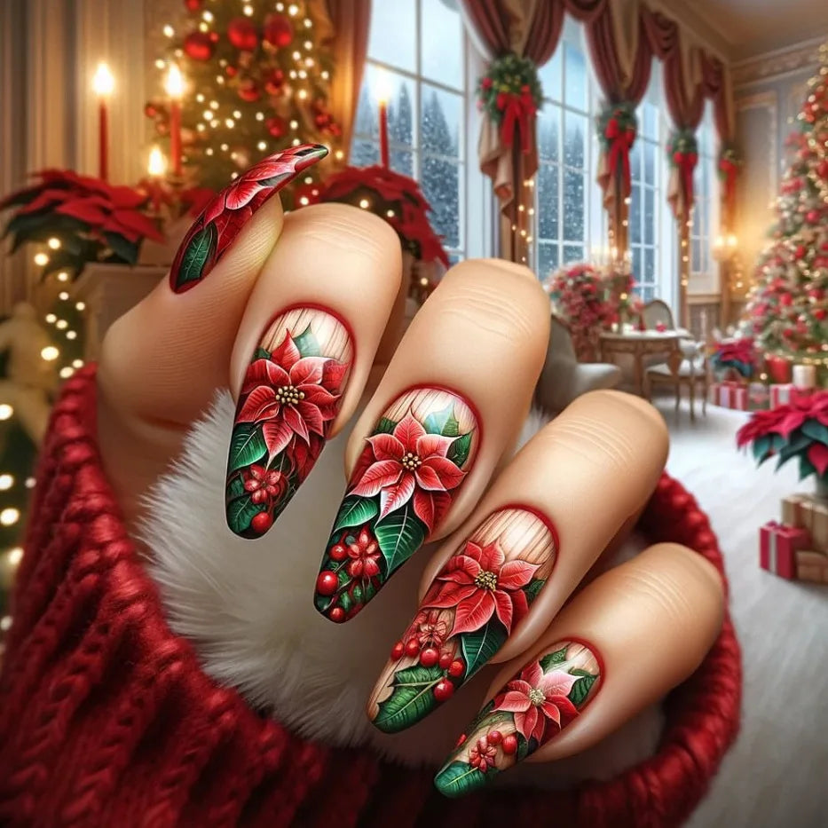 2025 New Christmas Fake Nail Tips Wearable Almond False Nails with Snowflake Flower Print European Xmas New Year Press on Nails