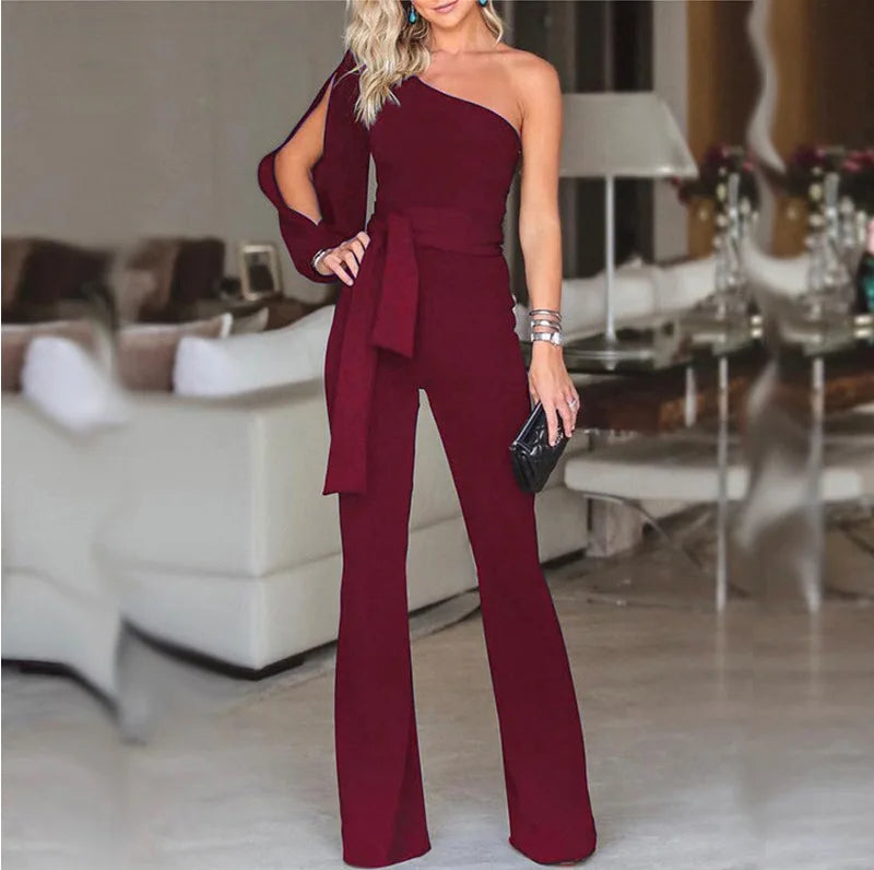 Summer New Women's High Waist Tie Up Solid Color Slim Fit Sexy Jumpsuit Slant Shoulder Elegant Banquet Women's Wear Burgundy