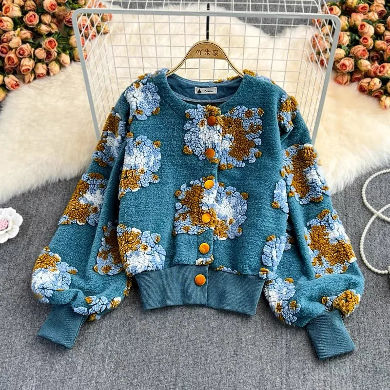 Sweet Long Sleeve Single Breasted Short Jacket Retro Three-dimensional Flower O Neck Clothing Winter 6 Color Coat as shown One Size