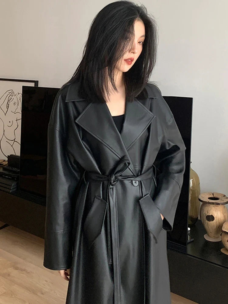 Lautaro-Long Black Leather Trench Coat for Women, Oversized Sashes, Single Button, Loose Stylish, Korean Fashion, Spring Black