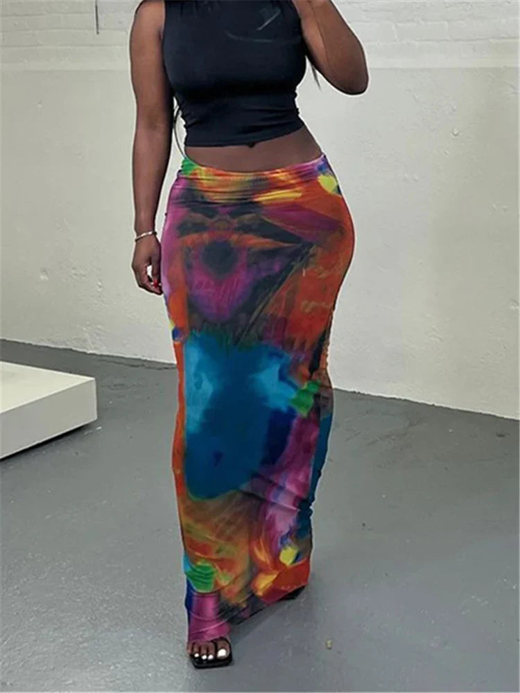 Simenual Harajuku Aesthetics Multi Printed High Waist Long Skirts Women Cyber Y2K Package Hip Skirt Chic Holiday Outfits Slim multicolor