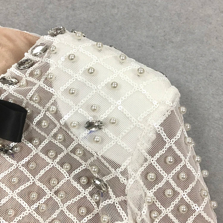 VC Pearl Sequins Hollow Out Short Dress For Women Sexy Long Sleeve Key Hole Bow Tie Diamond Beige Mini Evening Party Dress