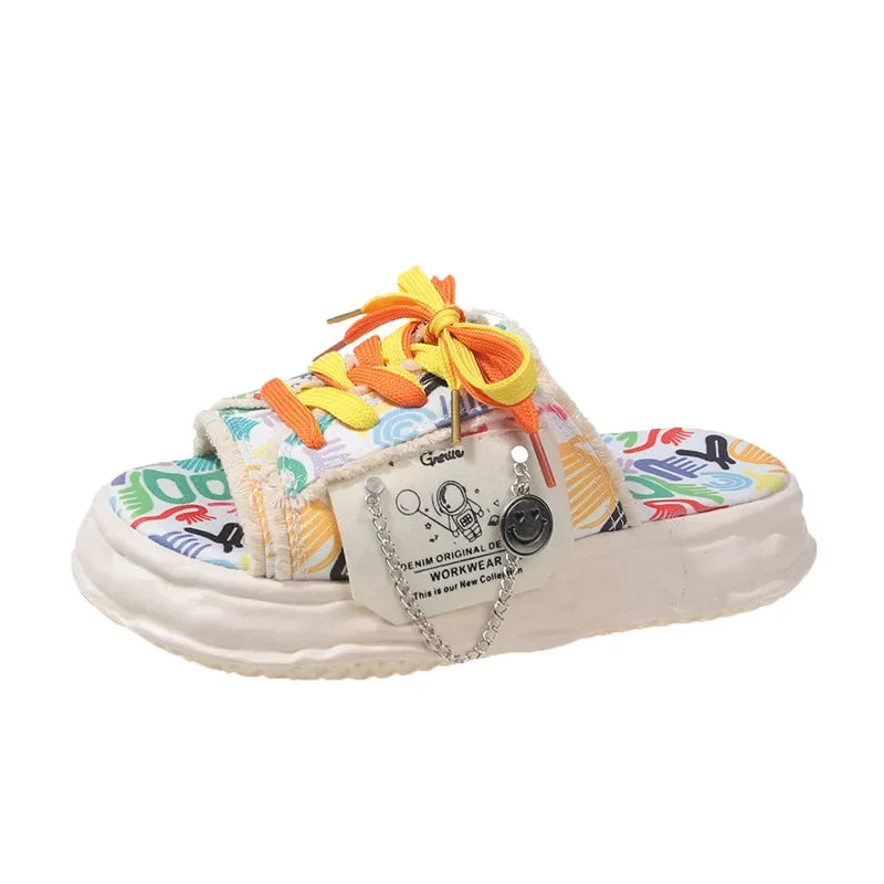 Women Graffiti Slippers Fashion Design Summer Platform Shoes Mules Flip Flops Street Sandals Clogs Flat Casual Shoe For Female Beige