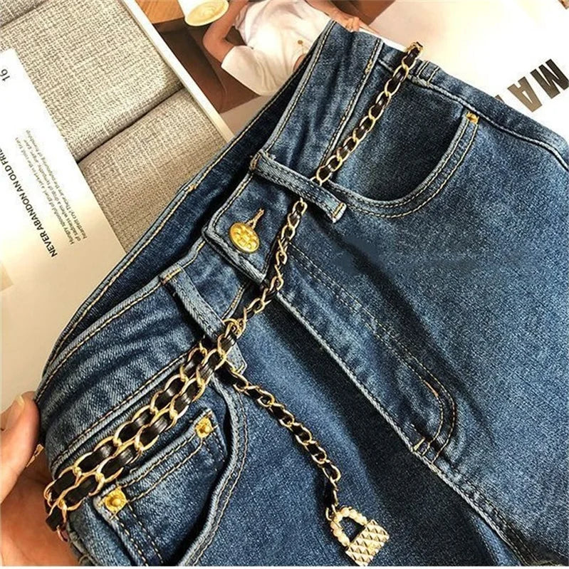 Gold Metal Button Jeans Women's High Waist Loose Slim Chain Lock Belt Pants Pure Cotton Wool Solid Color Elastic Beige Luxury 24