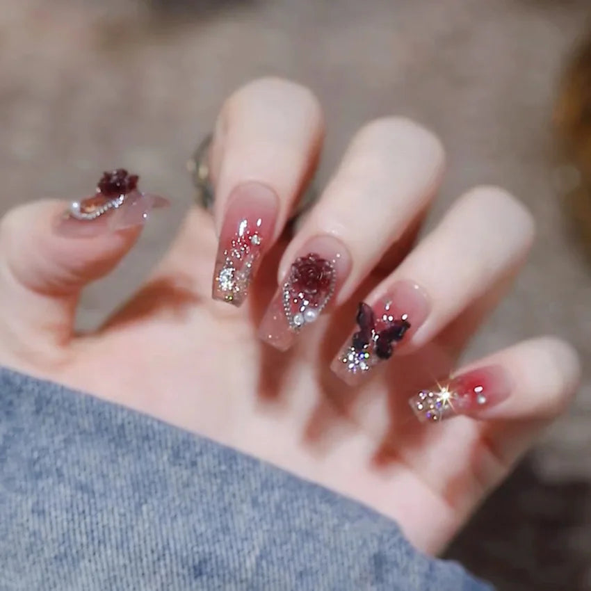 24Pcs Mid-length Gradient Finger Nails with White Butterfly Pattern Designs French Fake Nails Diamond Wearable Fashion Nail Tips