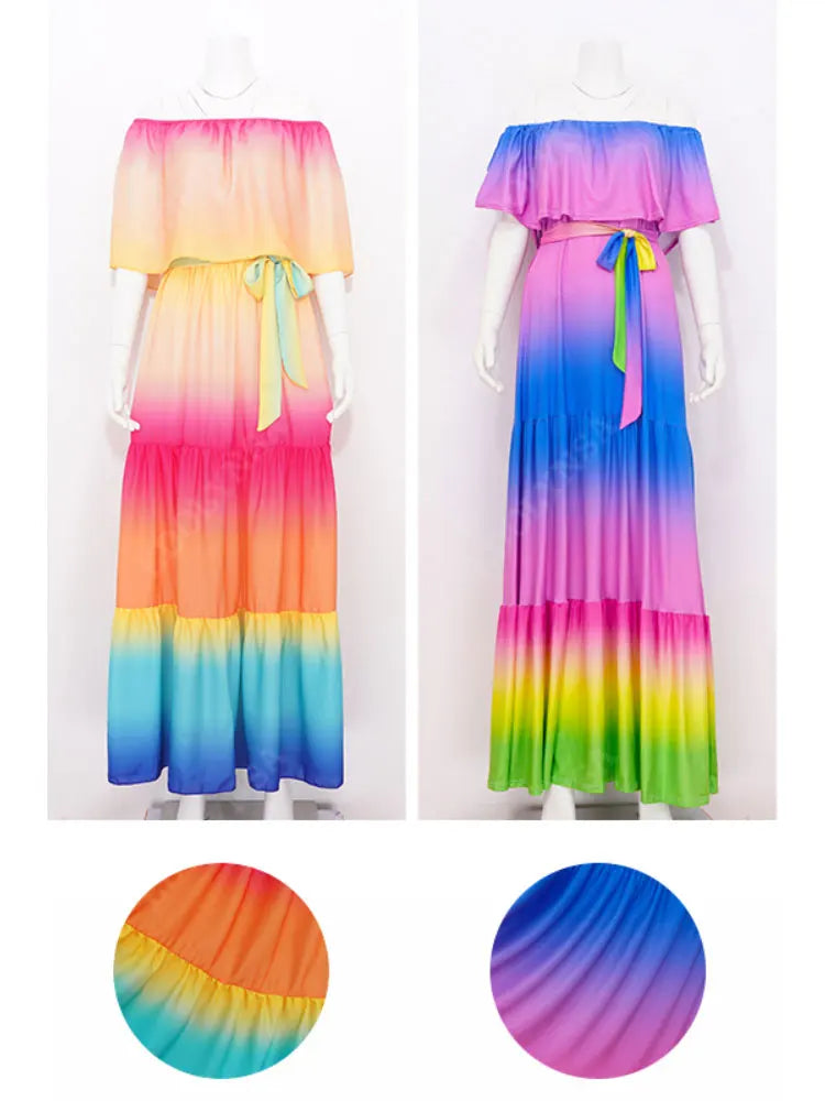 Multicolored Bohemian Ruffled Off Shoulder Self Belted Party Dress Cotton Tunic Women Boho Maxi Dresses Vestidos A324