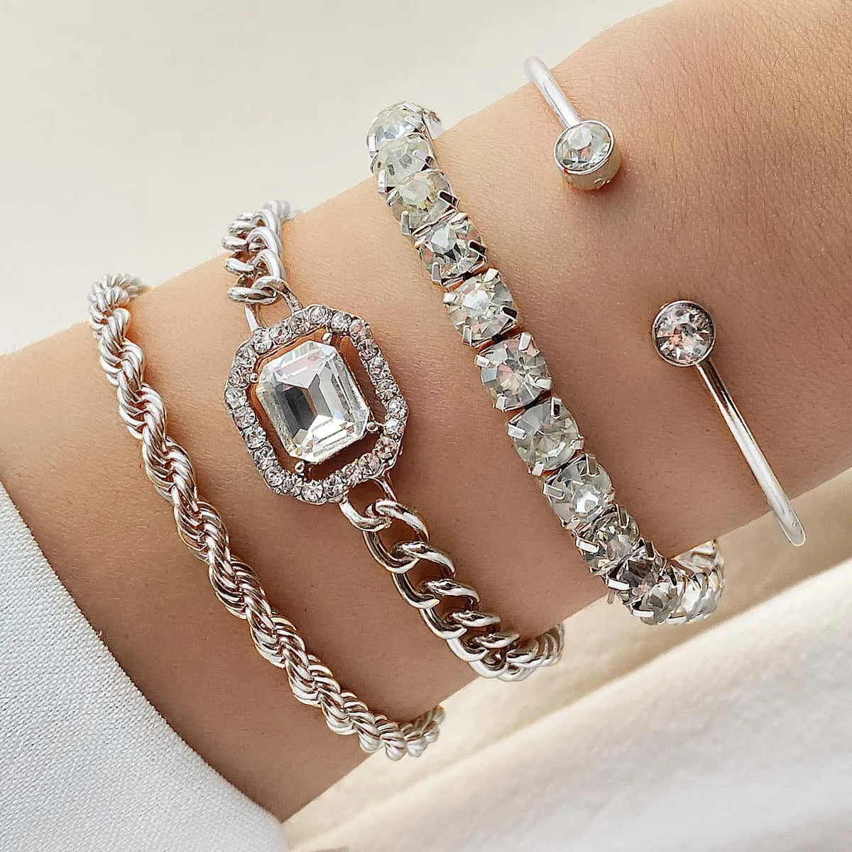 4 Piece Set Luxurious Bracelets for Women Crystal Shiny Adjustable Opening Chain Bracelets Punk Bangle Fashion Jewelry
