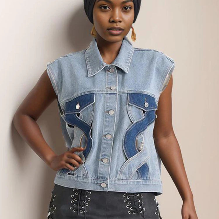 Colorblock Hollow Out Casual Denim Waistcoats For Women Lapel Sleeveless Spliced Single Breasted Streetwear Waistcoat Female