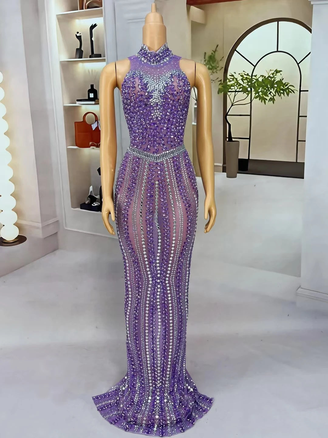 High-quality Purple Crystals Sexy Evening Gown Luxury Dinners Ball Dress Women's Birthday Party Stage Elegant Mesh Dress zizi
