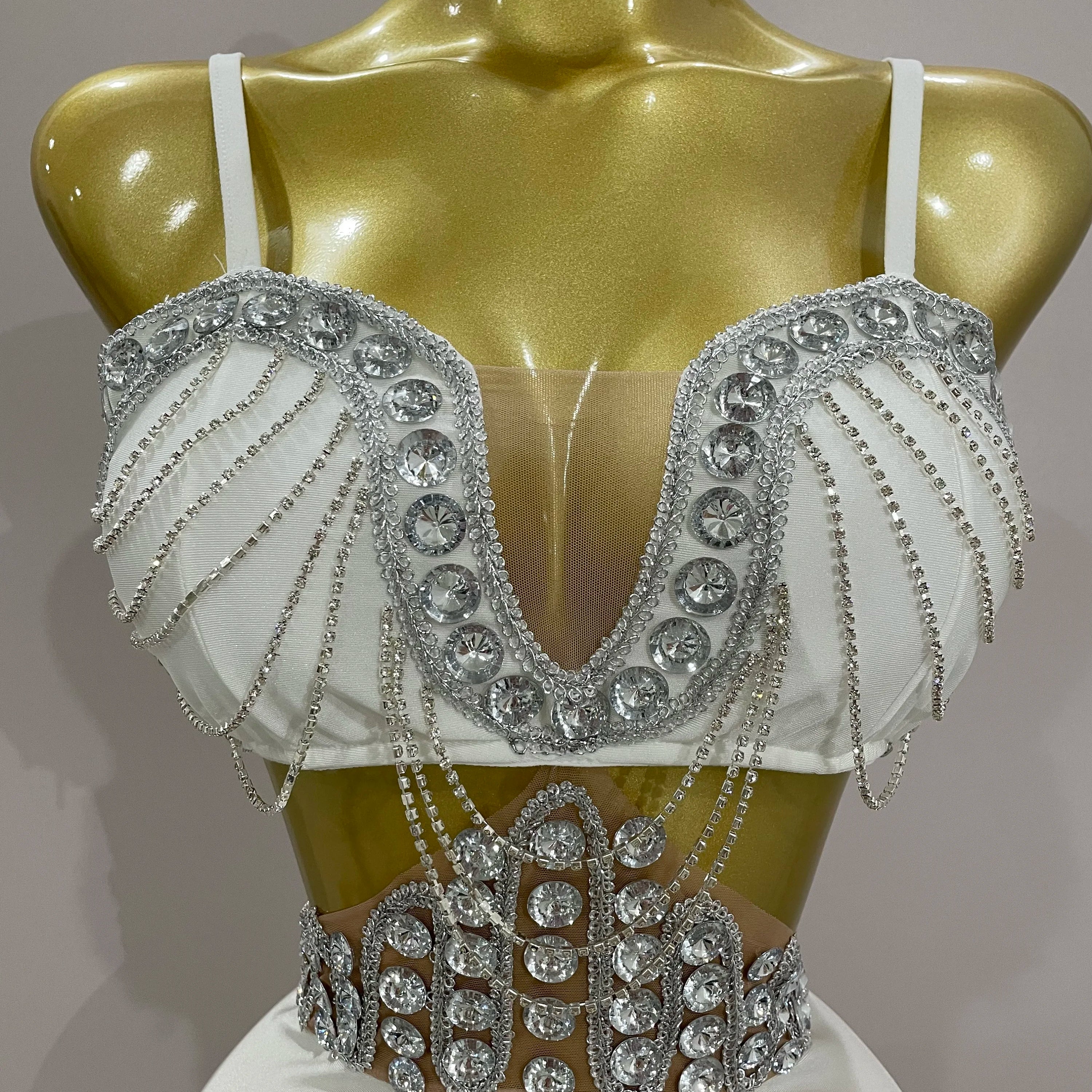 STOCK Luxury Shiny Diamond Chain White Sexy Sleeveless Bodycon Mini Dress 2025New Evening Birthday Party Nightclub Stage Costume