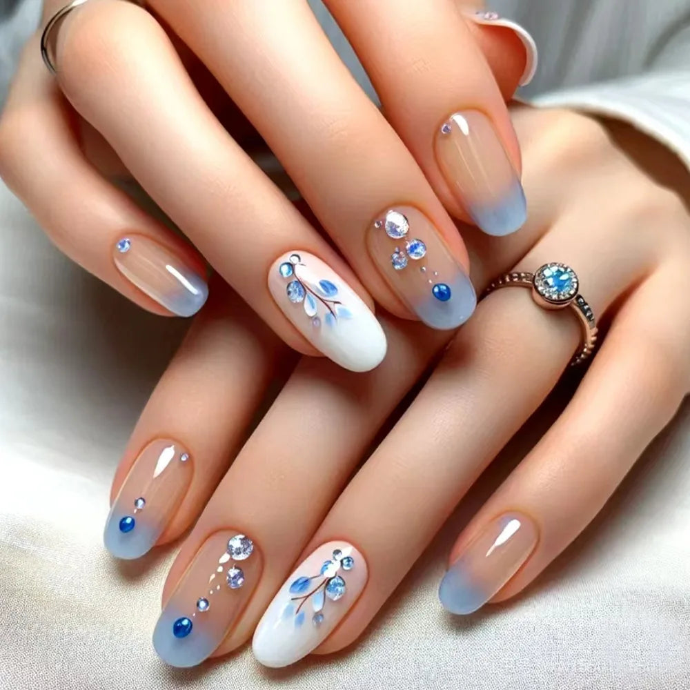 24Pcs Simple Almond Press on Fake Nails with Jelly Glue Fresh Flowers Design French Summer Fashion Acrylic oval Fake Nails Tools