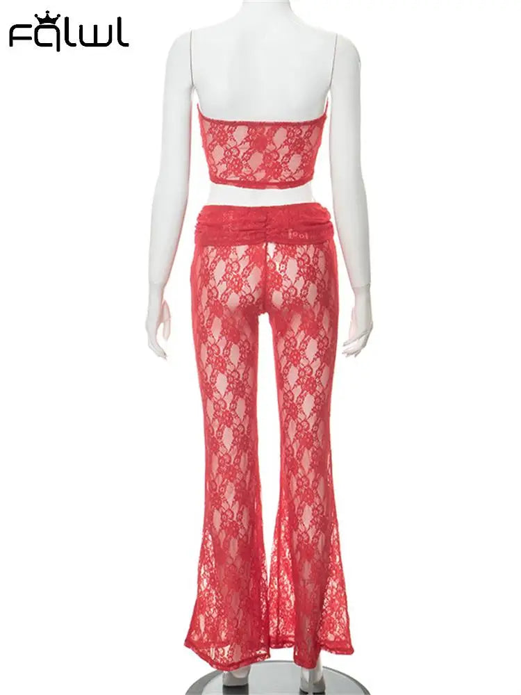 Habbris Spring Strapless Bodycon Crop Top Pants Sets Party Club Outfit For Women 2023 Sexy Red Lace Sheer 2 Two Piece Pants Sets
