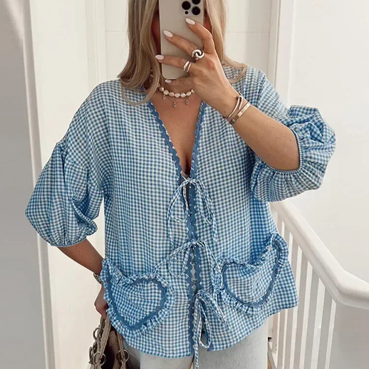 Fashion Plaid Ruffle Lace Up Shirt Women Sweet V Neck Half Puff Sleeve Heart Shaped Pocket Tops Female Loose Lady Street Blouse Blue