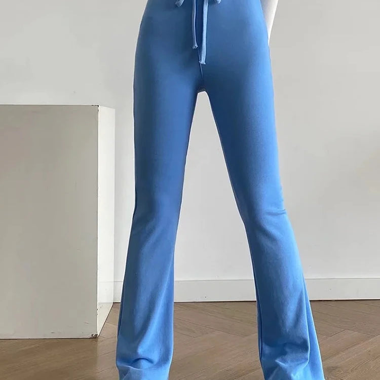 Women Leggings Gray Tie Up Elastic Sweatpants Flared Legging High Waist Pants Slim Casual Sports Black Pants Knitted Trousers