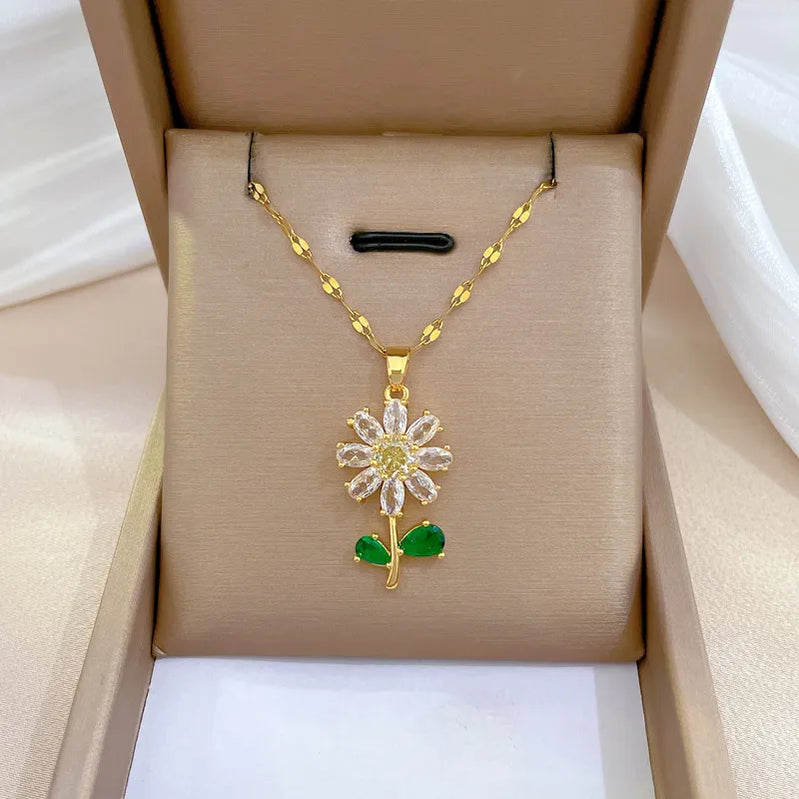 316L Stainless Steel Crystal Flower Pendant Necklace Earrings For Women Girl Fashion New Jewelry Set Lady Gift Party N1972