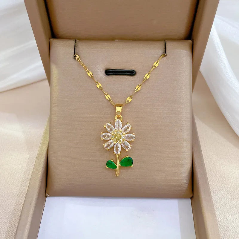 316L Stainless Steel Crystal Flower Pendant Necklace Earrings For Women Girl Fashion New Jewelry Set Lady Gift Party N1972