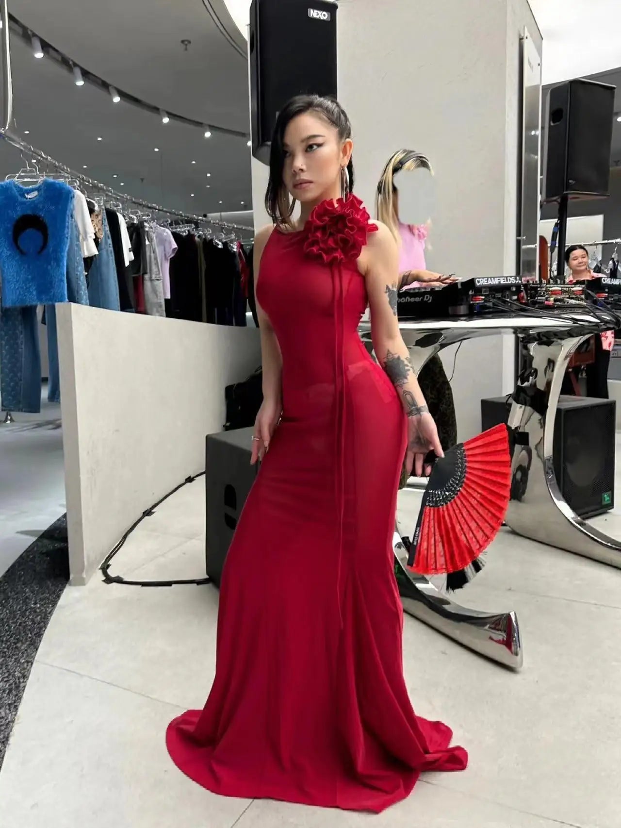 Red Color Women Sleeveless Sexy Mesh See Thorugh Bodycon Long Dress Celebrate Nightclub Party Birthday Outfit Vestido
