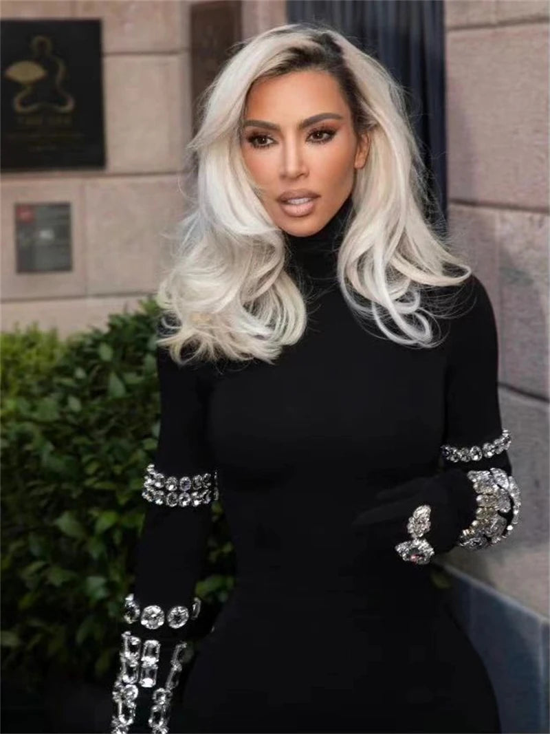 New Arrival Shining Diamonds Sleeve Black Bodycom Bandage Jumpsuit Fashion Woman Party Outfit Nightclub Performance Costume