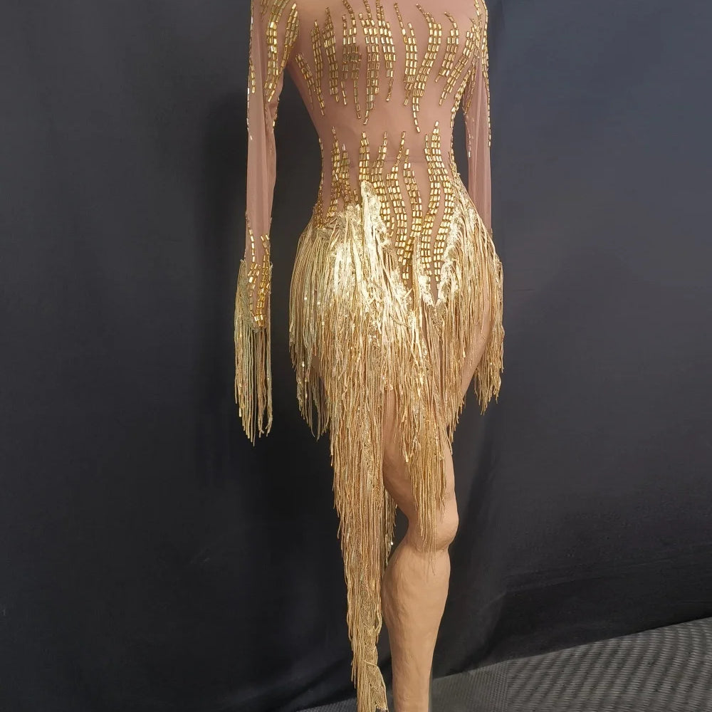 Women Sexy Mesh Gold Crystal Stretchy Night Club See Through Singer Dancer Tassel Stage Costume Mini Party Dress