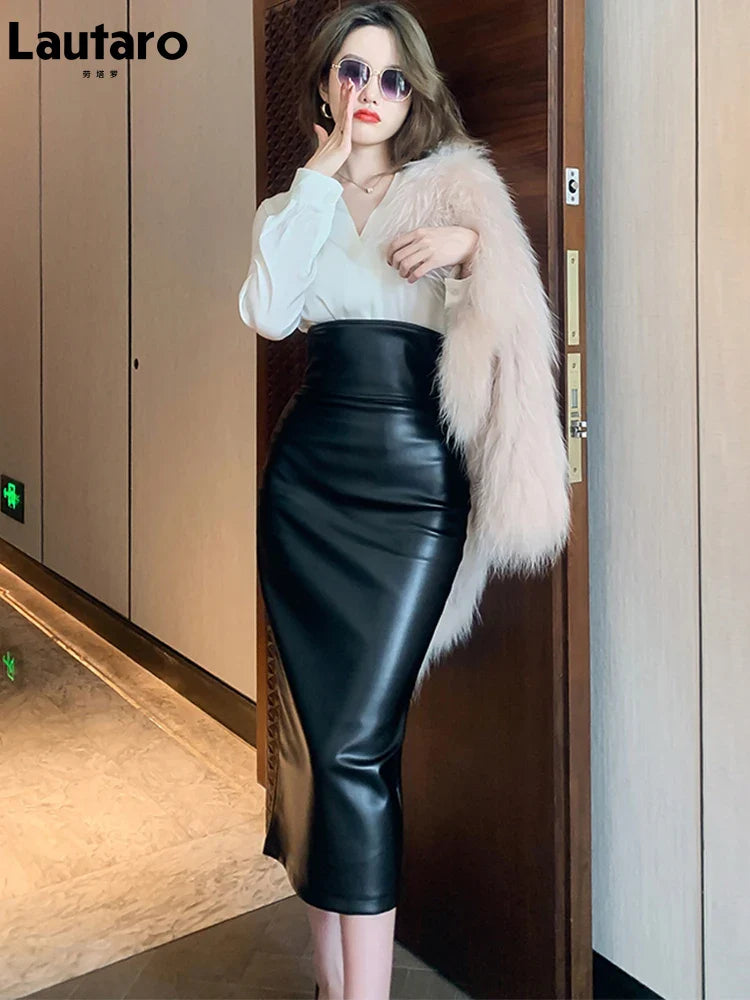 Lautaro Spring Midi Black Soft Pu Leather Pencil Skirt Women with Back Slit Belt High Waist Long Office Skirts Fashion 2022
