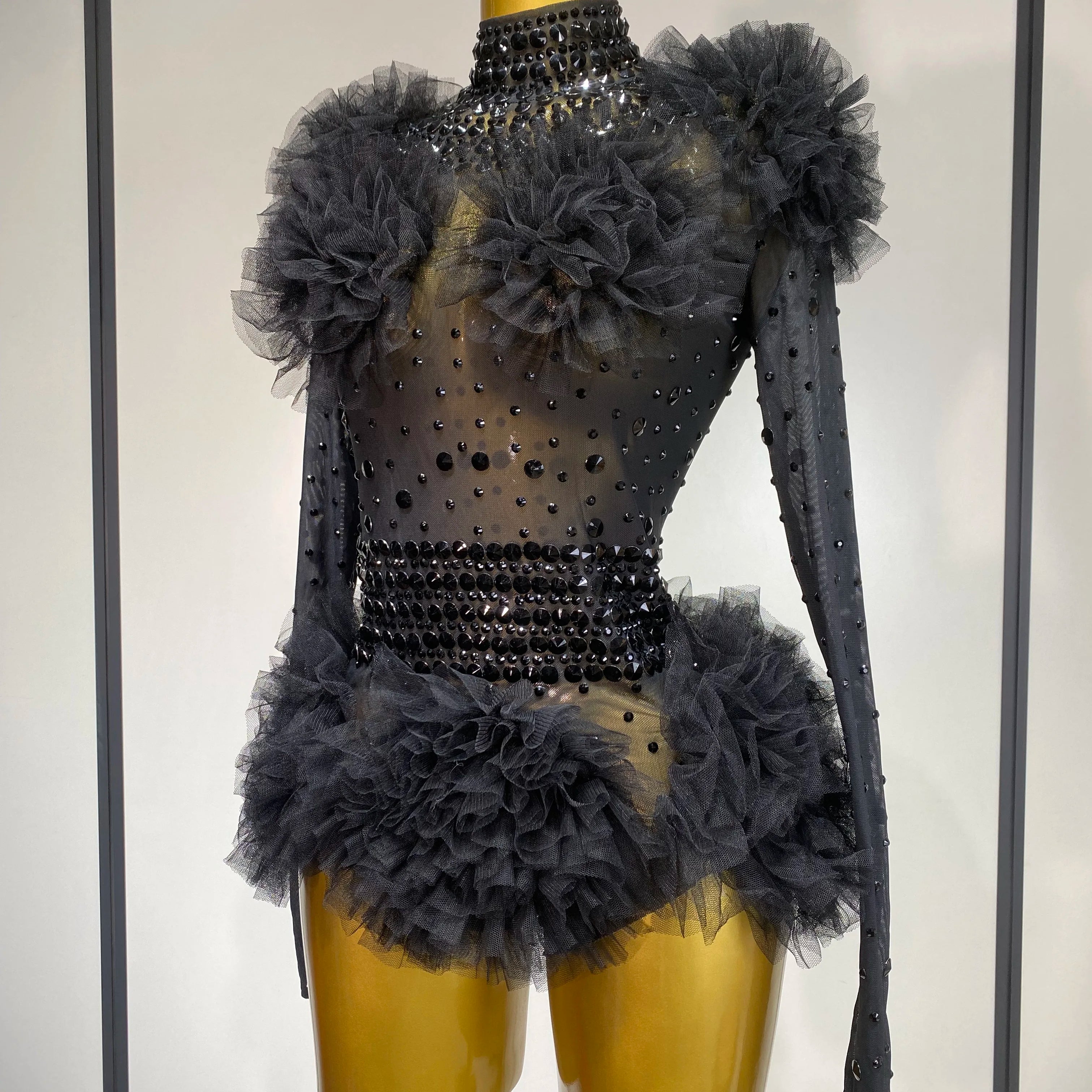 Sexy See Through Luxury Rhinestone Bodysuit Women Sexy Bodycon Mesh Ruffles Performance Dance Singer Nightclub Stage Outfit