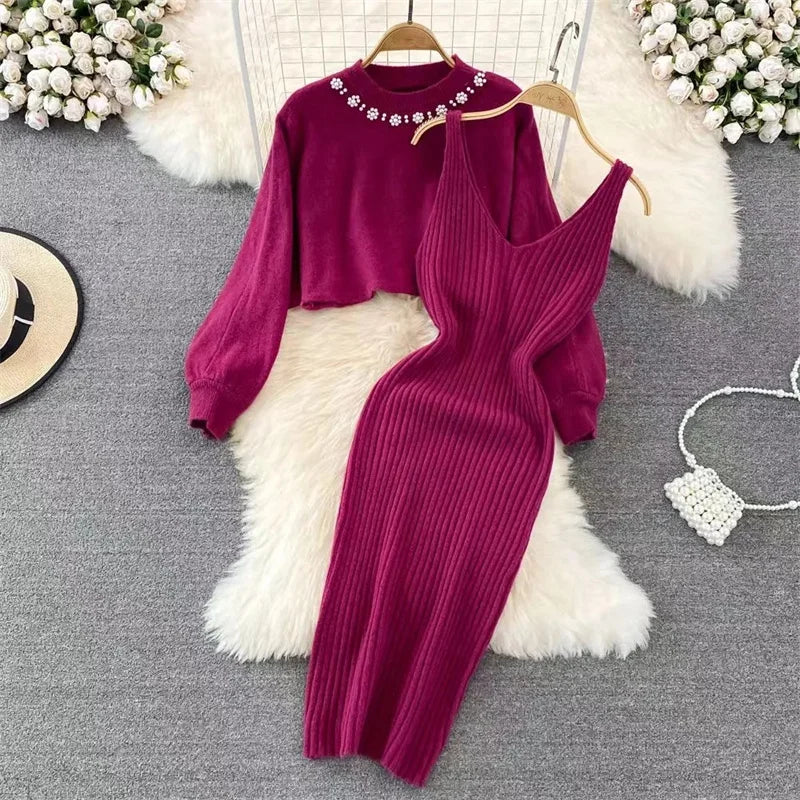 Korean Fashion Knitted Dress Sets Women Elegant Long Sleeve Pearl Sweater+Knitted Camis Dress Sets Sweater Casual Pullovers Suit