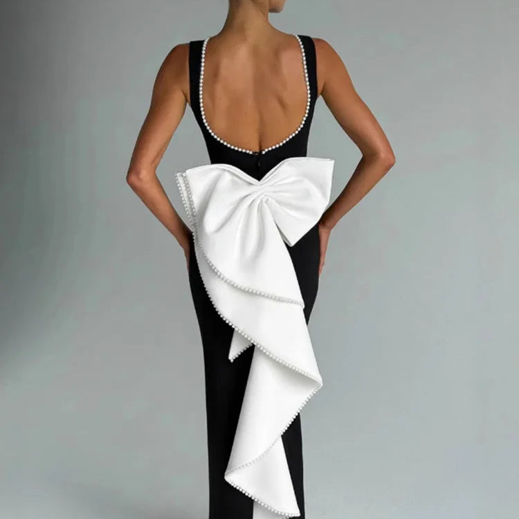 Elegant Pearl Bow Backless Sexy Maxi Dress Women Gown Fashion Sleeveless High Waist A-line Club Party Long Dress