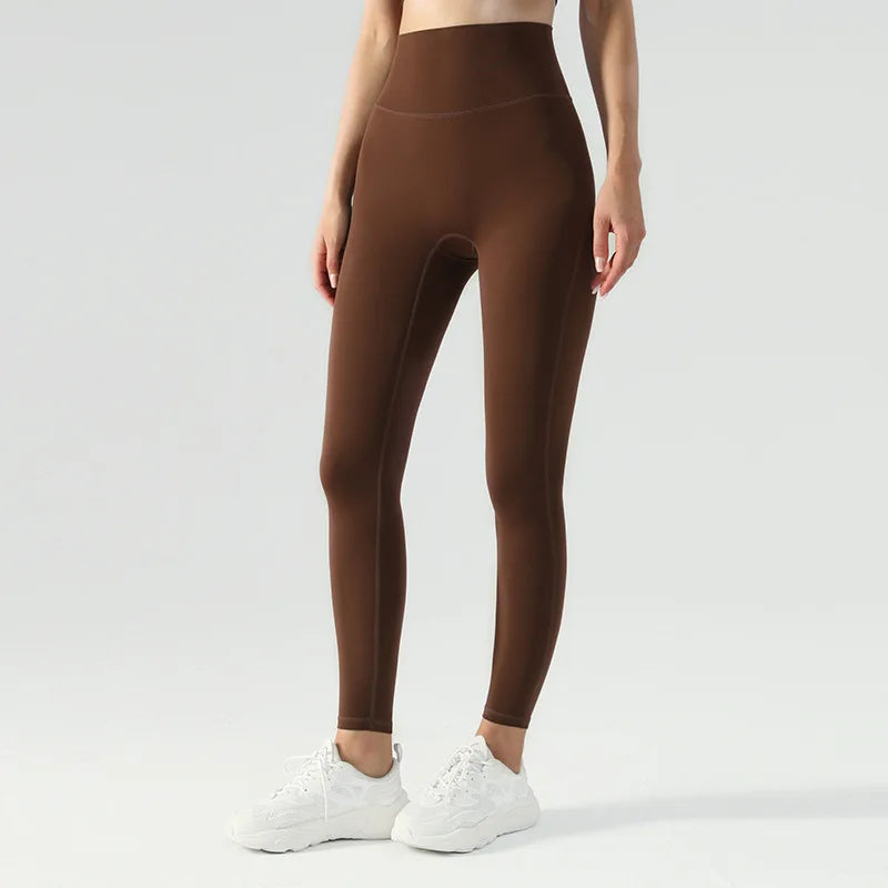 Emily Sportswear Naked High Waist Tight Yoga Pants Double-sided Brushed Peach Buttocks Lifting Running Sports Fitness Leggings Chestnut CHINA