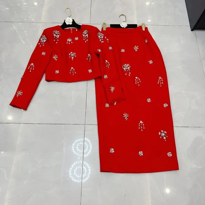Solid Slimming Two Piece Sets for Women Round Neck Long Sleeves Patchwork Diamonds Top High Wasit Skirt Female New