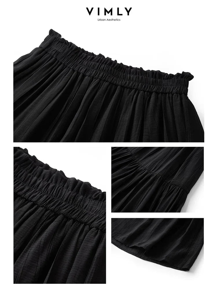 Vimly Black Elegant A-line Women's Midi Skirt Spring Simple Elastic Waist Solid Thin Female Skirts Women's Clothing M6079