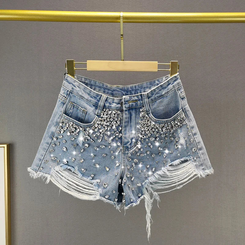 Women's Short Jeans High Waist Distressed Diamonds Tassel Loose Wide Leg Luxury Denim Shorts Autumn Fashion blue