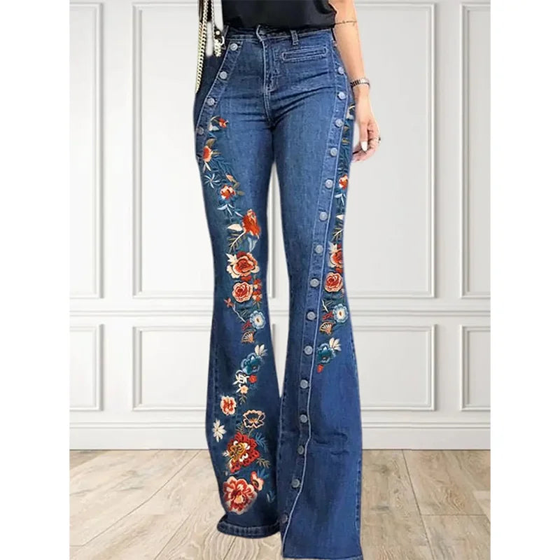 Plus Size Women Jeans Plain Button Decor Flare Leg Long Denim Pants Floral Embroidery Female High Waist Button Wide Leg Jeans