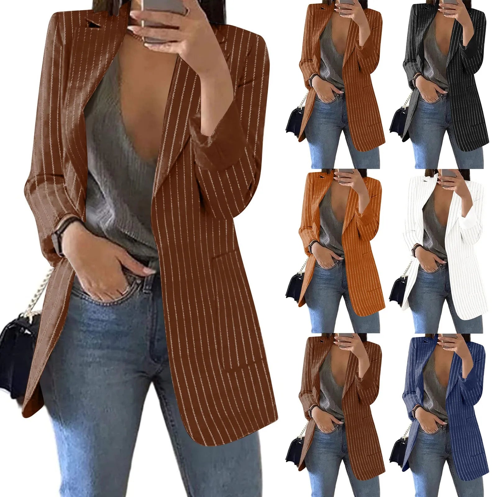 Women's Blazer Coat Stripe Open Front Pockets Cardigan Formal Suit Long Sleeve Blouse Coat